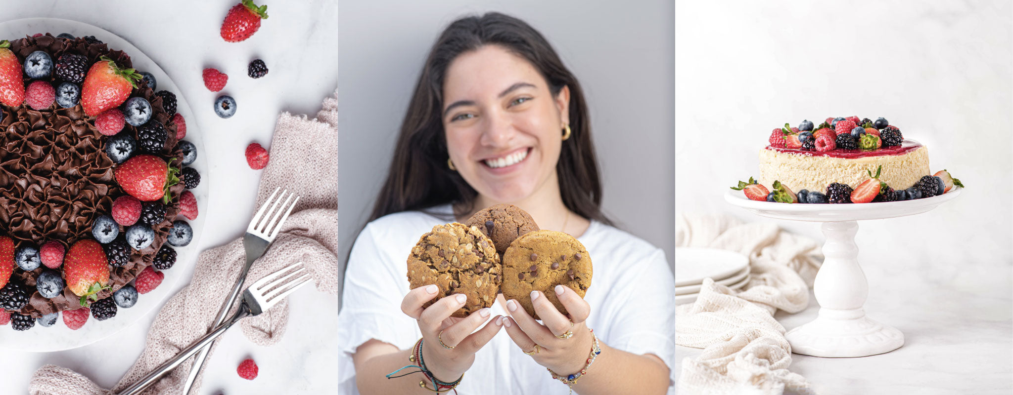 Collage de imágenes. La foto de la izquierda muestra una torta de chocolate. La foto del centro tiene una mujer sujetando tres galletas. La foto de la derecha muestra un cheesecake sobre un parante.